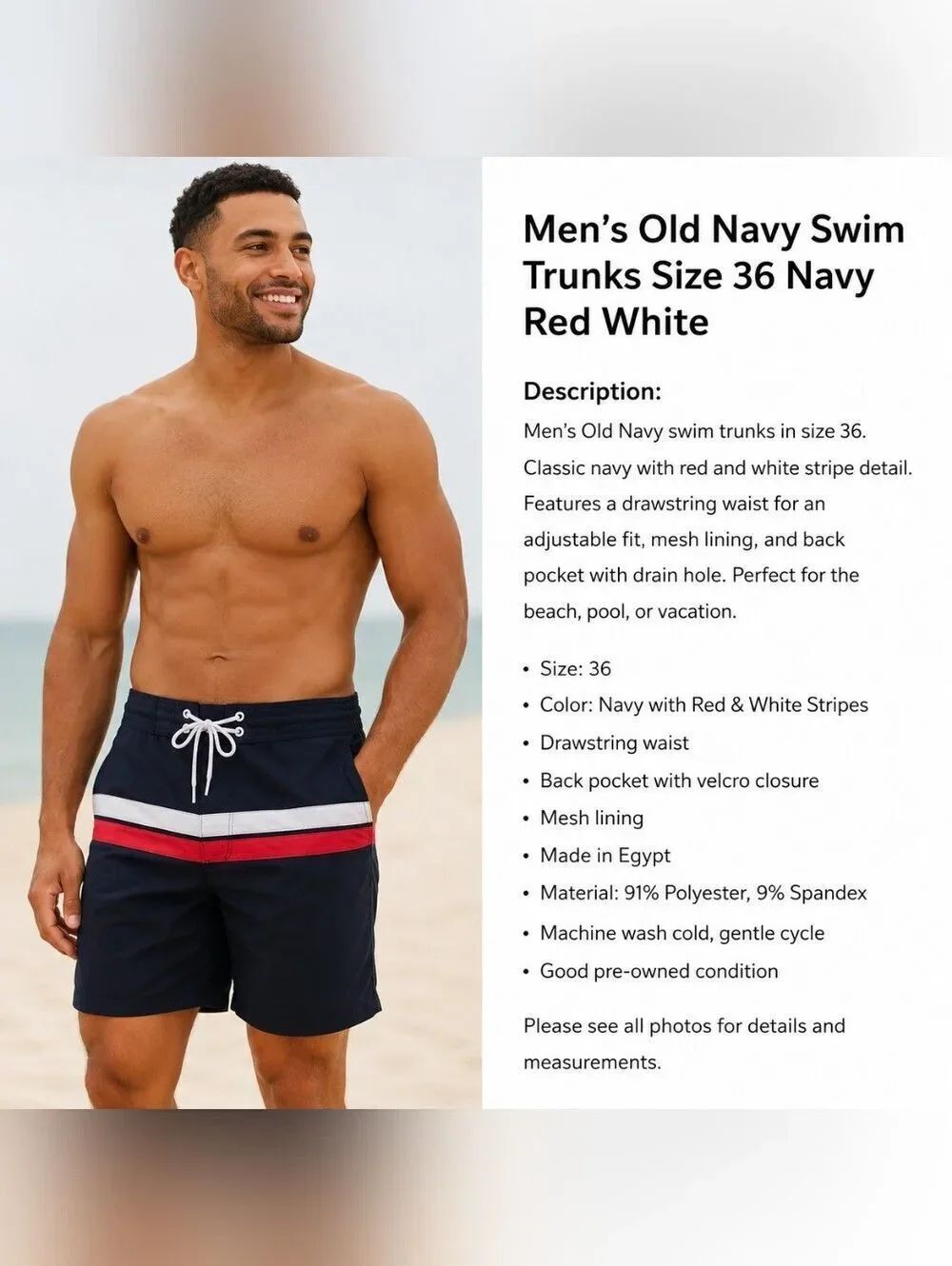 Old Navy Men's Swim Trunks Size 36 Navy Red White Stripe Board Shorts Beach Swim